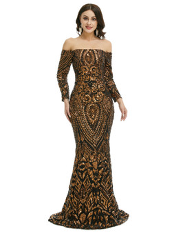 Black Gold Mermaid Sequins Long Sleeve Prom Dress