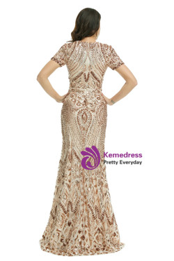 Cheap Gold Sequins Short Sleeve Prom Dress