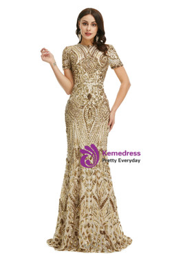 Queenly Gold Mermaid Sequins Short Sleeve Prom Dress
