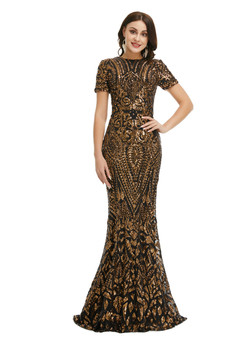 Black Gold Mermaid Sequins Short Sleeve Prom Dress