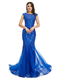 Royal Blue Mermaid Tulle Sequins Prom Dress