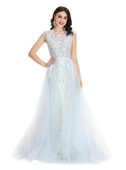 A-Line Light Blue Tulle Sequins Prom Dress