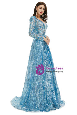 Blue Sequins Long Sleeve V-neck Prom Dress