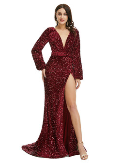 Burgundy Mermaid Long Sleeve V-neck Sequins Prom Dress