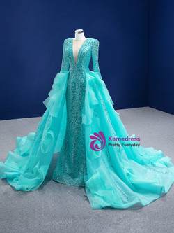 Blue Mermaid Sequins Long Sleeve Pearls Prom Dress With Detachable Train