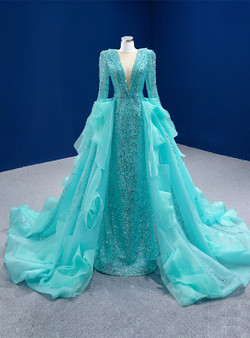 Blue Mermaid Sequins Long Sleeve Pearls Prom Dress With Detachable Train