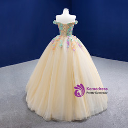 Champagne Tulle Colorful Appliques Off the Shoulder Prom Dress