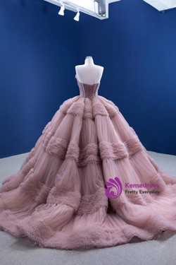 Pink Tulle Sweetheart Pleats Beading Prom Dress