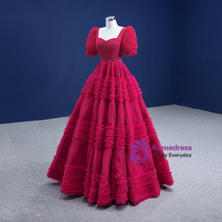 Burgundy Square Neck Puff Sleeve Pleats Prom Dress
