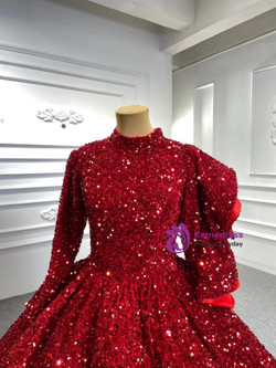 Red High Neck Ball Gown Sequins Long Sleeve Prom Dress
