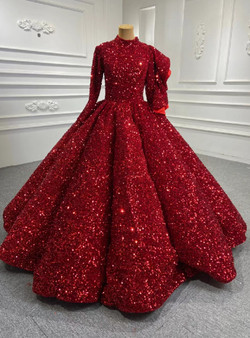 Red High Neck Ball Gown Sequins Long Sleeve Prom Dress
