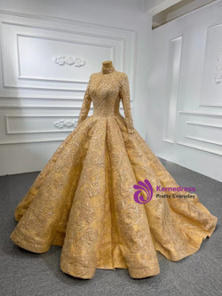 Gold High Neck Appliques Sequins Long Sleeve Prom Dress