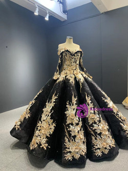 Black Sequins Long Sleeve Appliques Off the Shoulder Prom Dress