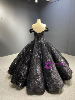 Black Sequins Off the Shoulder Ball Gown Prom Dress