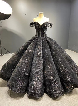 Black Sequins Off the Shoulder Ball Gown Prom Dress