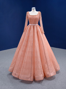 Orange Tulle Square Neck Beading Sequins Long Sleeve Prom Dress