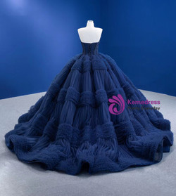 Navy Blue Tulle Pleats Beading Prom Dress
