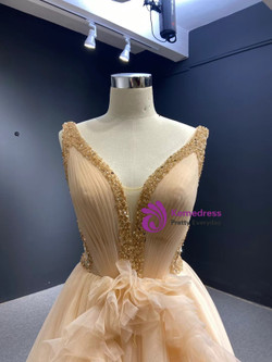 Champagne V-neck Pleats Beading Prom Dress
