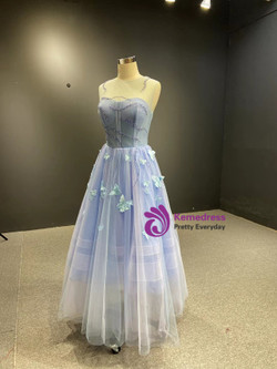 Blue Tulle Butterfly Appliques Beading Prom Dress