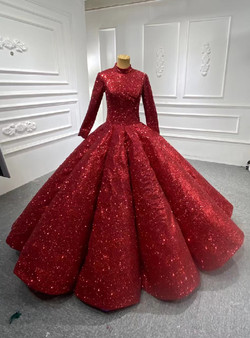 Burgundy Sequins Long Sleeve High Neck Prom Dress