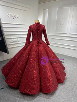 Burgundy Sequins Long Sleeve High Neck Prom Dress