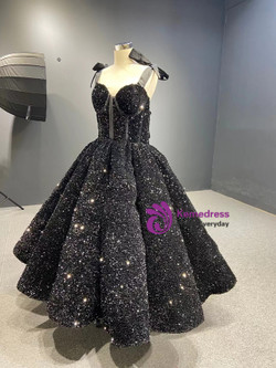 Black Ball Gown Sequins Straps Short prom Dress