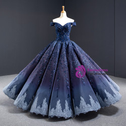 Navy Blue Lace Beading Ball Gown Prom Dress