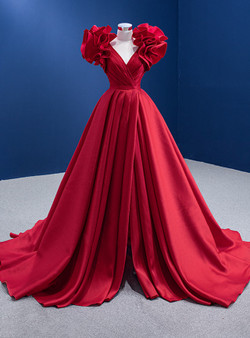 Fashion Red Satin V-neck Pleats Prom Dress