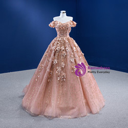Pink Tulle Sequins 3D Appliques Prom Dress With Shawl
