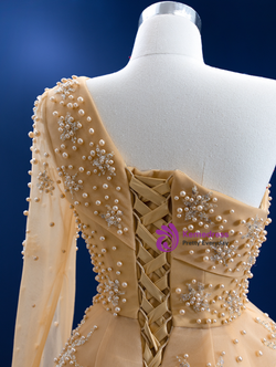 Champagne Tulle Pleats Pearls Beading Prom Dress Champagne Tulle Pleats Pearls Beading Prom Dress