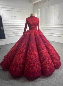 Burgundy Long Sleeve High Neck Appliques Prom Dress