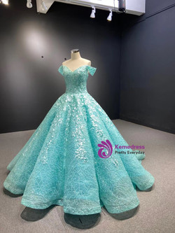 Blue Tulle Lace Off the Shoulder Appliques Prom Dress Blue Tulle Lace Off the Shoulder Appliques Prom Dress