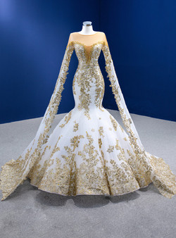 White Mermaid Long Sleeve Gold Sequins Appliques Crystal Prom Dress