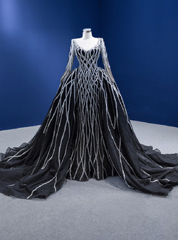 Black Mermaid Tulle Sequins V-neck Prom Dress With Detachable Train