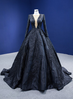 Black Satin Long Sleeve Sequins Beading Prom Dress