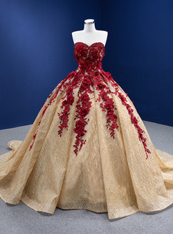 Gold Sequins Burgundy 3D Appliques Beading Prom Dress