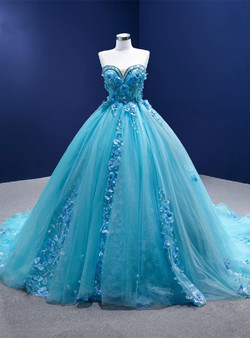 Blue Ball Gown Tulle Appliques Beading Prom Dress