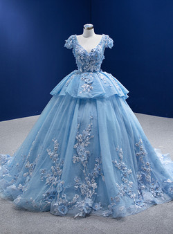 Blue V-neck Cap Sleeve Tulle Appliques Prom Dress Blue V-neck Cap Sleeve Tulle Appliques Prom Dress