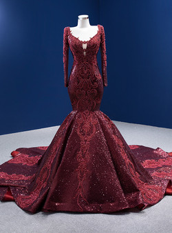 Burgundy Mermaid Sequins Long Sleeve V-neck Prom Dress