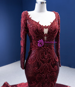 Burgundy Mermaid Sequins Long Sleeve V-neck Prom Dress