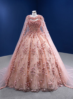 Pink Ball Gown Tulle Sequins 3D Appliques Prom Dress With Shawl