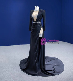 Black Satin Long Sleeve Crystal Split Prom Dress Black Satin Long Sleeve Crystal Split Prom Dress