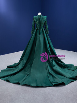 Green Mermaid Satin High Neck Prom Dress With Detachable Train