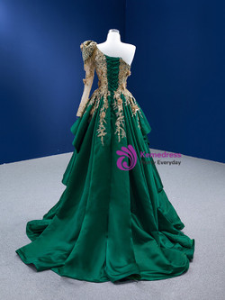Green Satin Long Sleeve 3D Appliques Beading Prom Dress Green Satin Long Sleeve 3D Appliques Beading Prom Dress