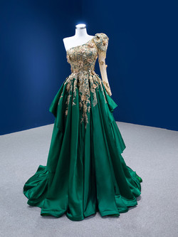 Green Satin Long Sleeve 3D Appliques Beading Prom Dress Green Satin Long Sleeve 3D Appliques Beading Prom Dress