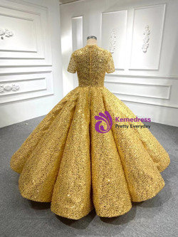 Gold Ball Gown Sequins High Neck Short Sleeve Prom Dress