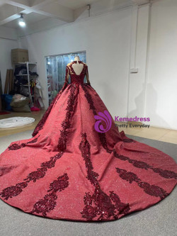 Heavy Beading Burgundy Sequins Long Sleeve Crystal Prom Dress