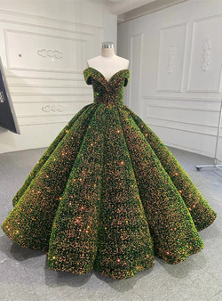 Romance Green Sequins Off the Shoulder Prom Dress