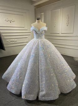 White Sequins Off the Shoulder Ball Gown Prom Dress