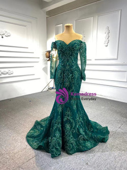 Dark Green Mermaid Tulle Appliques Beading Long Sleeve Prom Dress
